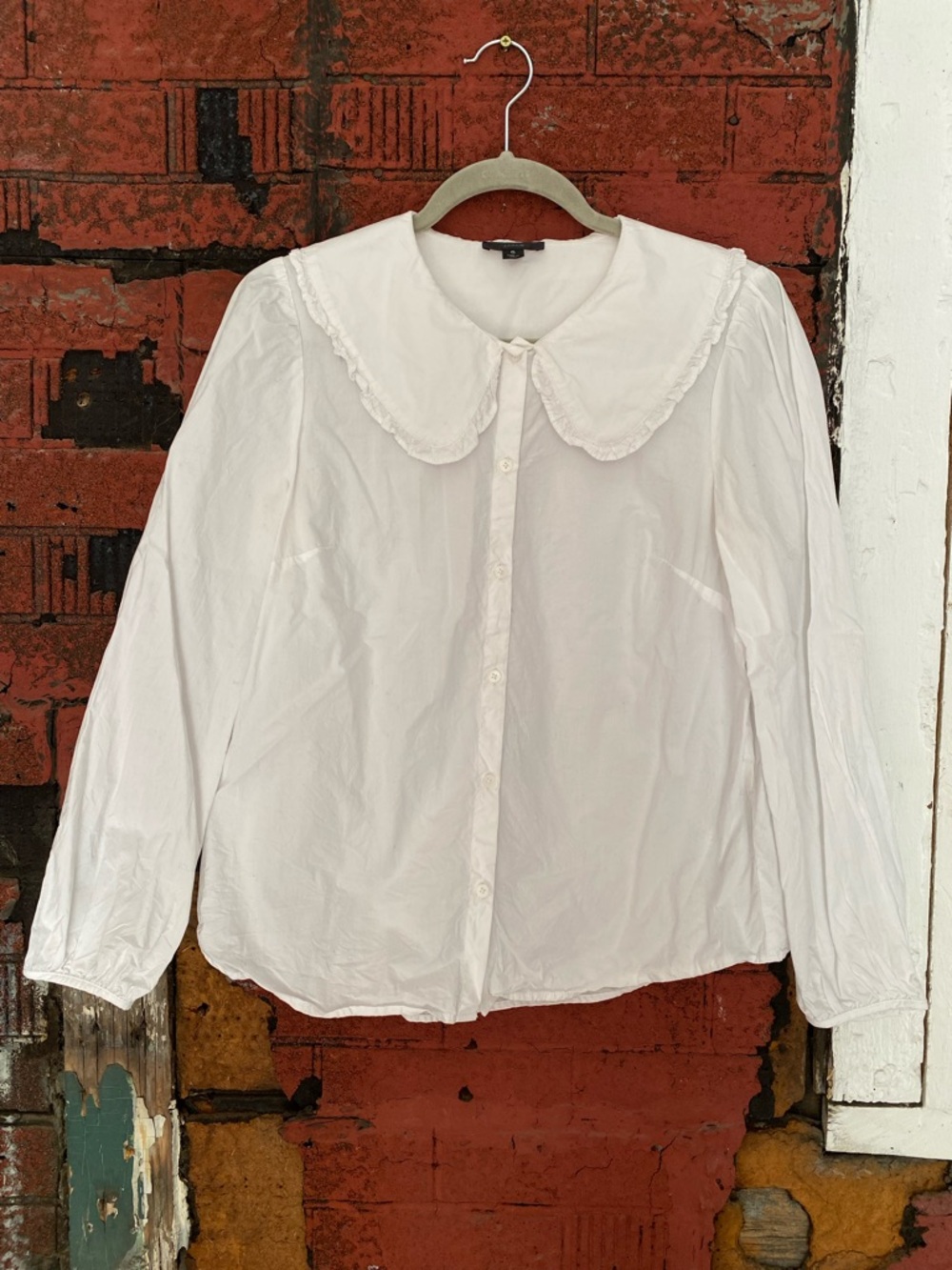 J. Crew White Cotton Ruffle-Collar Button-Up Shirt